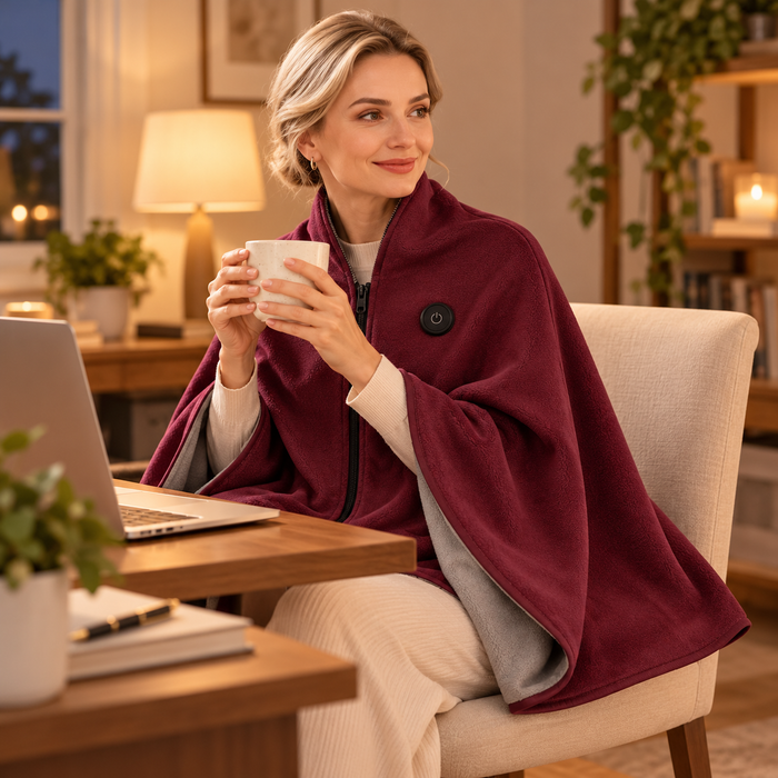 Burgundy shawl worn at a desk