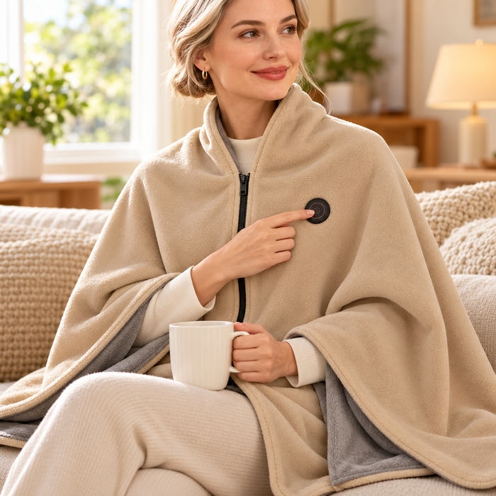 Beige shawl worn on a sofa